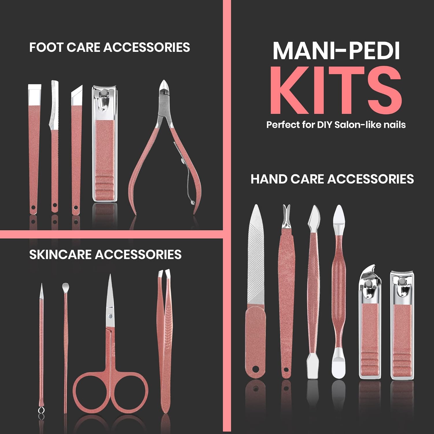 Utopia Care - Manicure Kit for Women and Men, Manicure Set with Nail Clippers or Nail Kit Includes Fingernail & Toenail Clippers,16Pcs Pedicure Kit Stocking Stuffers with Travel Case - Pink