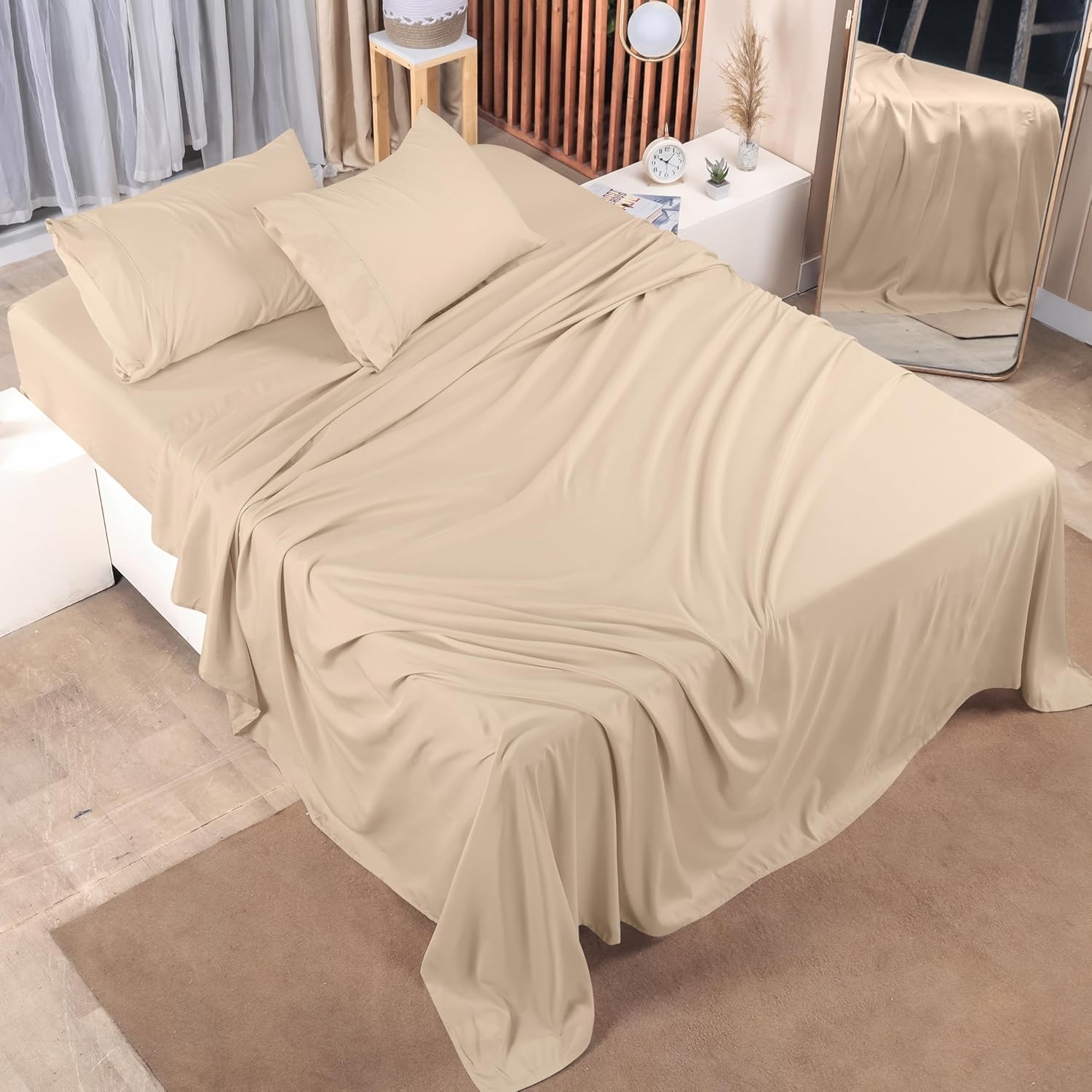 Utopia Bedding Queen Size Sheet Set – 4 Piece Bed Sheets, Soft and Breathable Microfiber, Includes 1 Fitted Sheet, 1 Flat Sheet and 2 Pillowcases – Oeko Tex (Beige)