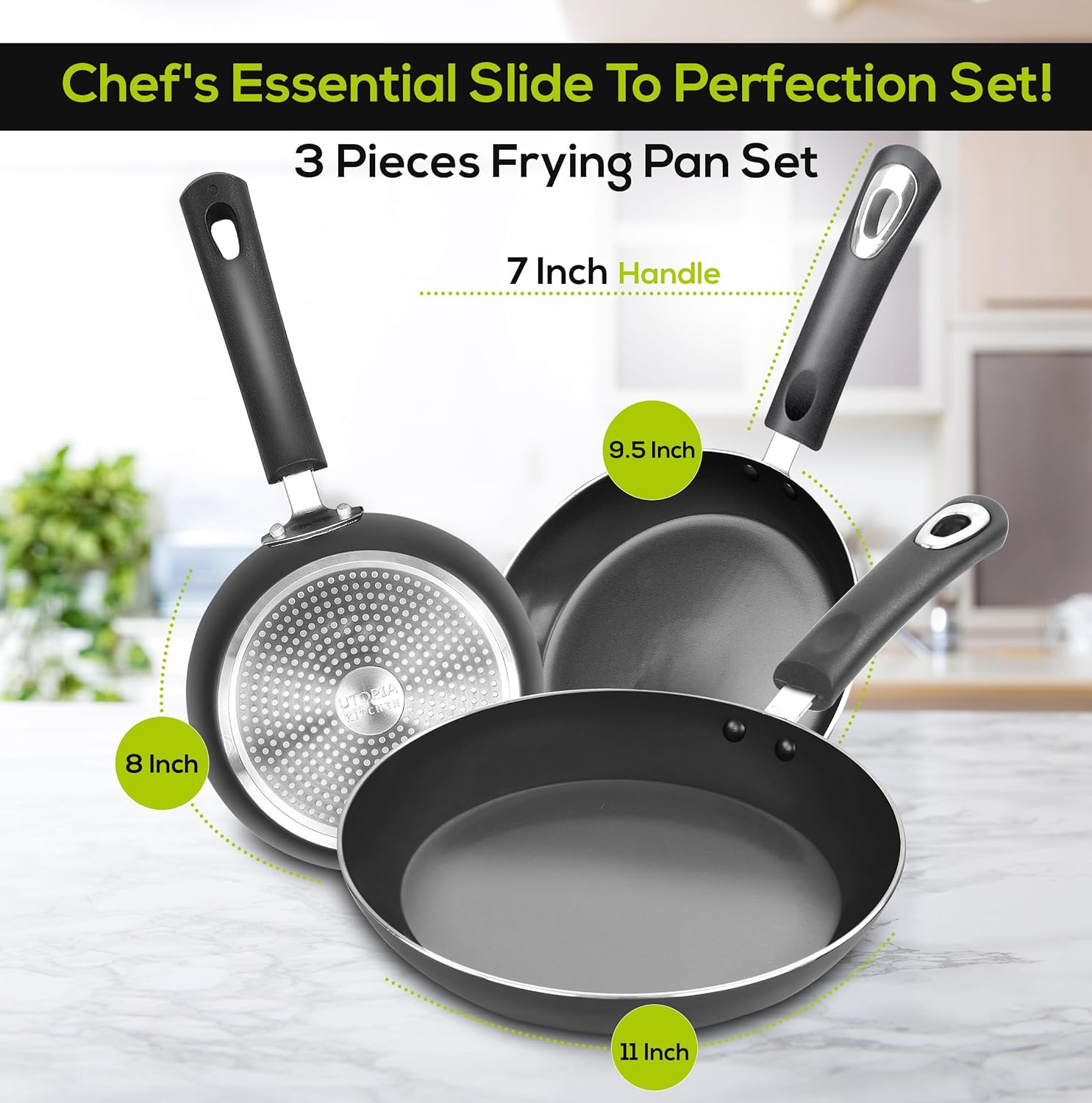 Utopia Kitchen Nonstick Cookware 3 Piece Omelette Pan Skillet Set, Nonstick Frying Pans with Induction Bottom, 8, 9.5 & 11 Inches Frying Pans with Bakelite Handles, PFOA Free, Grey