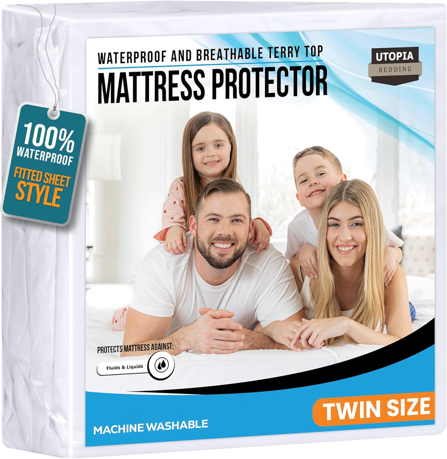 Utopia Bedding Mattress Protector Waterproof, Premium 200 GSM Terry Mattress Cover, Soft & Breathable Bed Cover, Fitted Sheet Style Stretchable Deep Pockets 15"