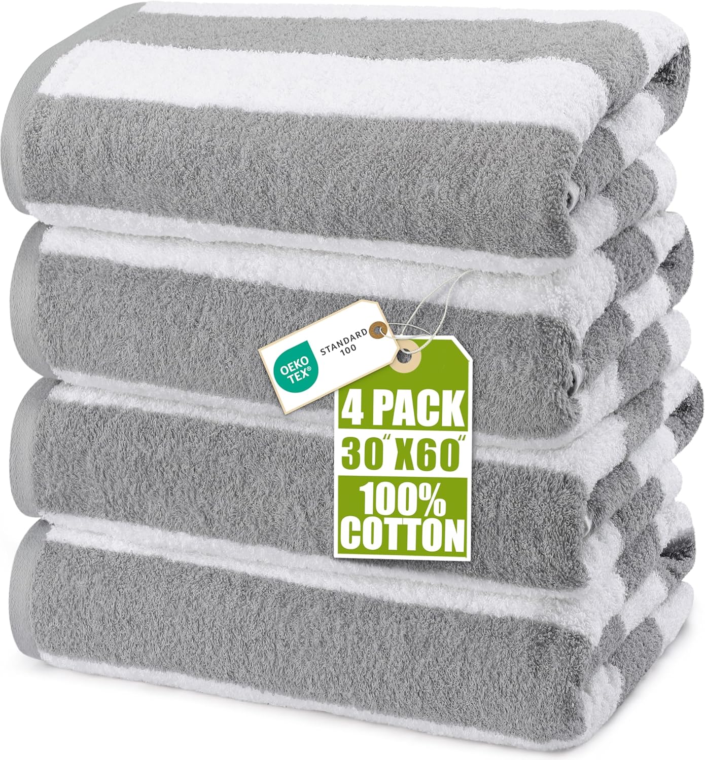 Utopia Towels Pack of 4 Cabana Beach Towels, Oversized 30 x 60 Inches Cotton Beach Towel Set, Smooth Ring Spun Texture for Pool and Swim Days, Modern Striped Design Bath Towels